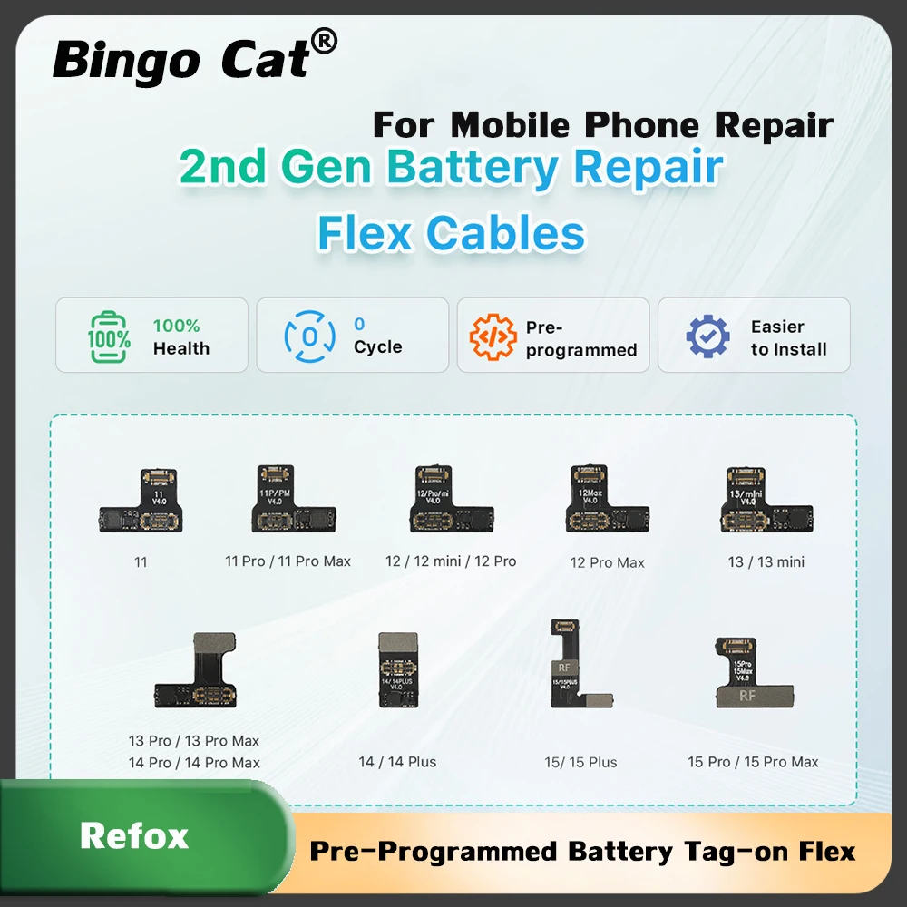5pc Refox Pre-Programmed Battery Tag-on Flex Cable For iPhone 15 12 11 13 14Pro Max Show 100% Health 0 Cycle Time Repair Tool
