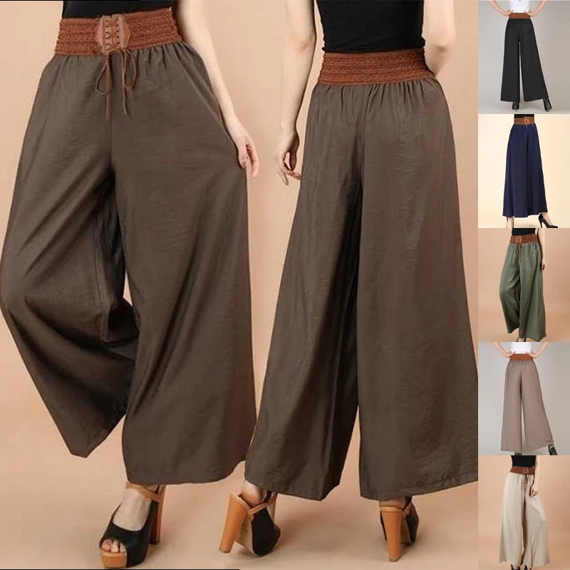 2023 New National Wide Leg Pants Summer Fashion Casual Women's Culotes Waist Lace Up Large Hemlines High Waist Loose Trousers