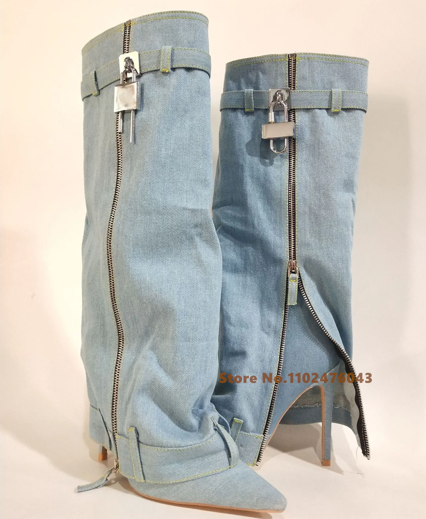 

New Pointed Toe Cowboy Knee High Boots Blue Denim Skirt Shark High Heel Jean Boots Long Tube Belt Buckle Thin Heel Women Shoes