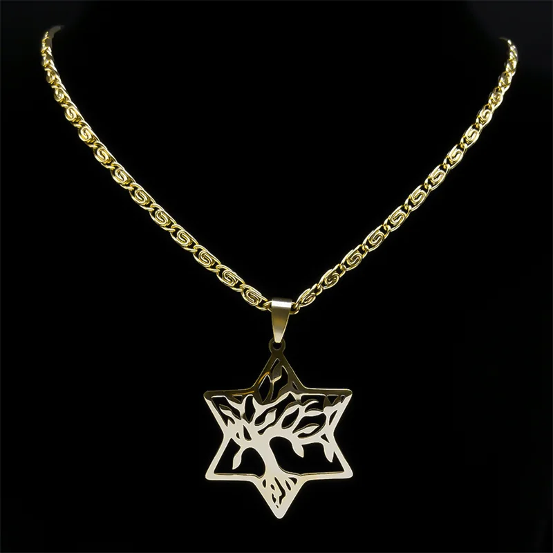 Magen Star of David Tree of Life Necklace for Women Men Gold Color Hollow Pendant Hexagram Plant Necklaces Jewelry Gift N8078S05