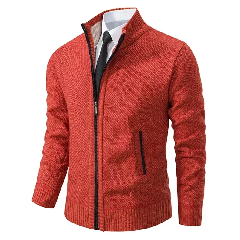 Autumn And Winter New Jersey Men\'s Casual Sports Coat Solid Color Stand Collar Wweater Grab Fleece Warm Zipper Cardigan