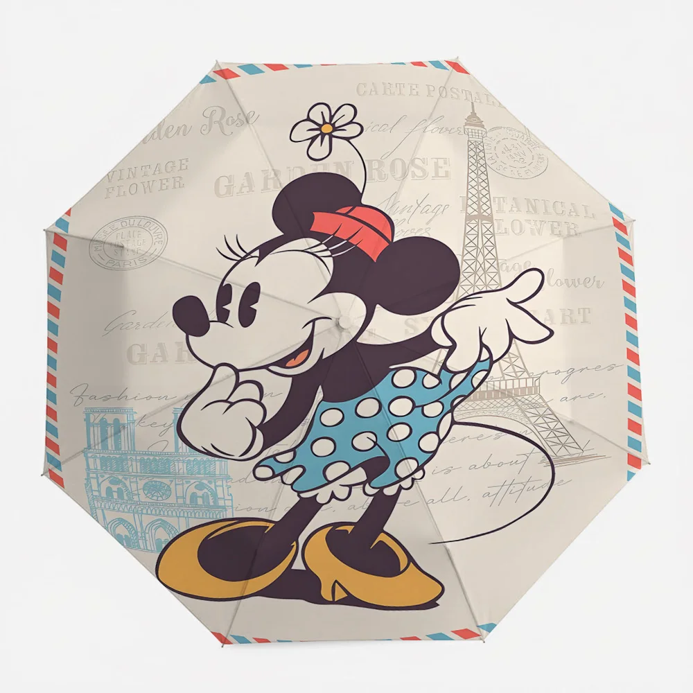 

Автоматический складной зонт Disney Minnie Mouse с винтажным принтом Эйфелевой башни, ветрозащитный водонепроницаемый дорожный зонт для женщин