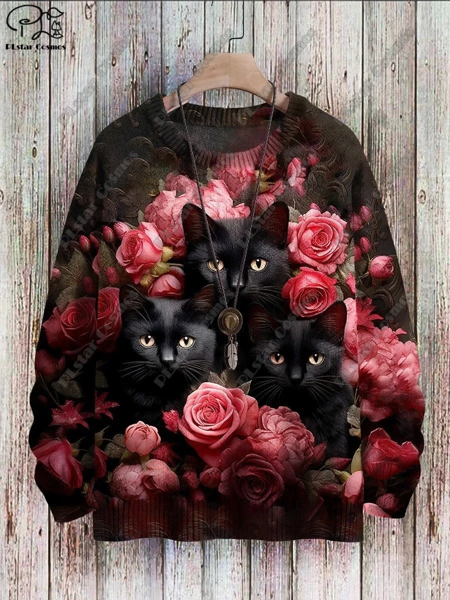 PLstar Cosmos New 3D printed animal series cat pattern ugly sweater street casual winter sweater M-4