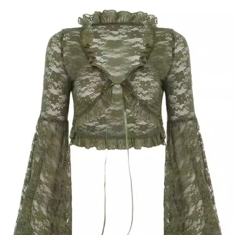 خريف جديد الأخضر الخامس الرقبة تفريغ الدانتيل الربط متوهج كم المرأة معطف فاسق تصميم مثير الساخن فتاة سترة سترة السيدات