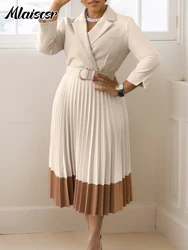 Mlaiscsr Elegant Long Sleeve Solid High Waist A Line Pleated Dress with Belt Women Office Lady African Birthday Evening Vestidos