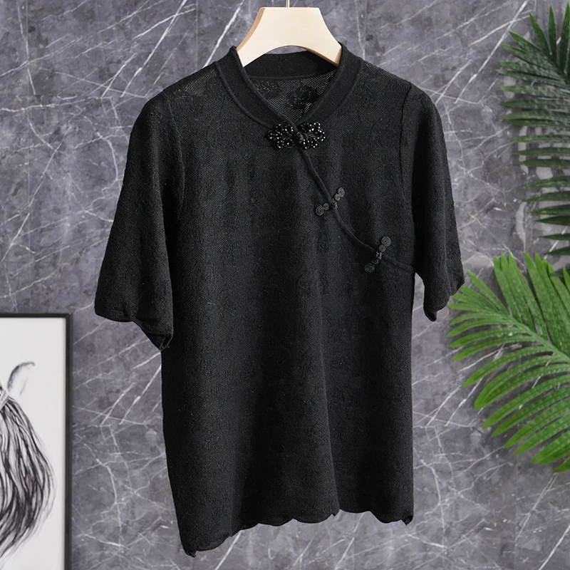 

Черный трикотажный топ с коротким рукавом, вышивкой бисером и цветочным узором, в ретро-стиле, тонкий, повседневный, для офиса и поездок, модный