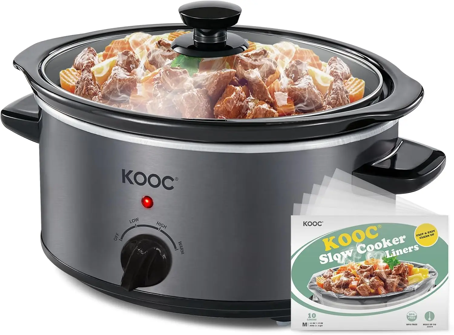 

4 Quart Slow Cooker, Free Liners Included for Easy Clean-up, 3 Temperature Settings, Dishwasher Safe Crock, Stainless Steel, GRE
