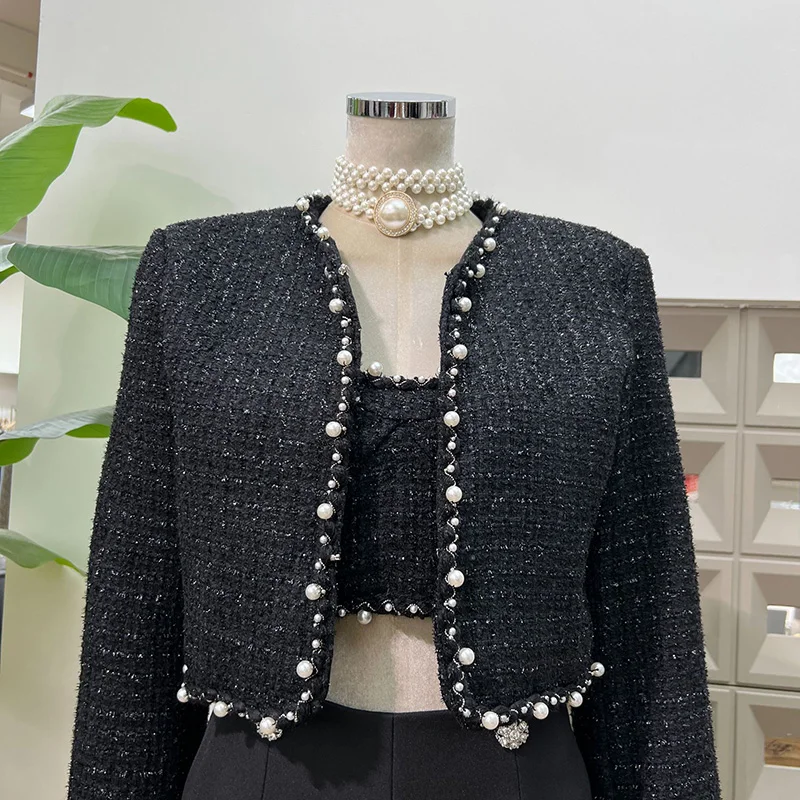 KBQ Solid Three Piece Sets for Women Round Collar Long Sleeve Coats Sexy Vest High Waist Spliced Button Shorts Luxury Set Female