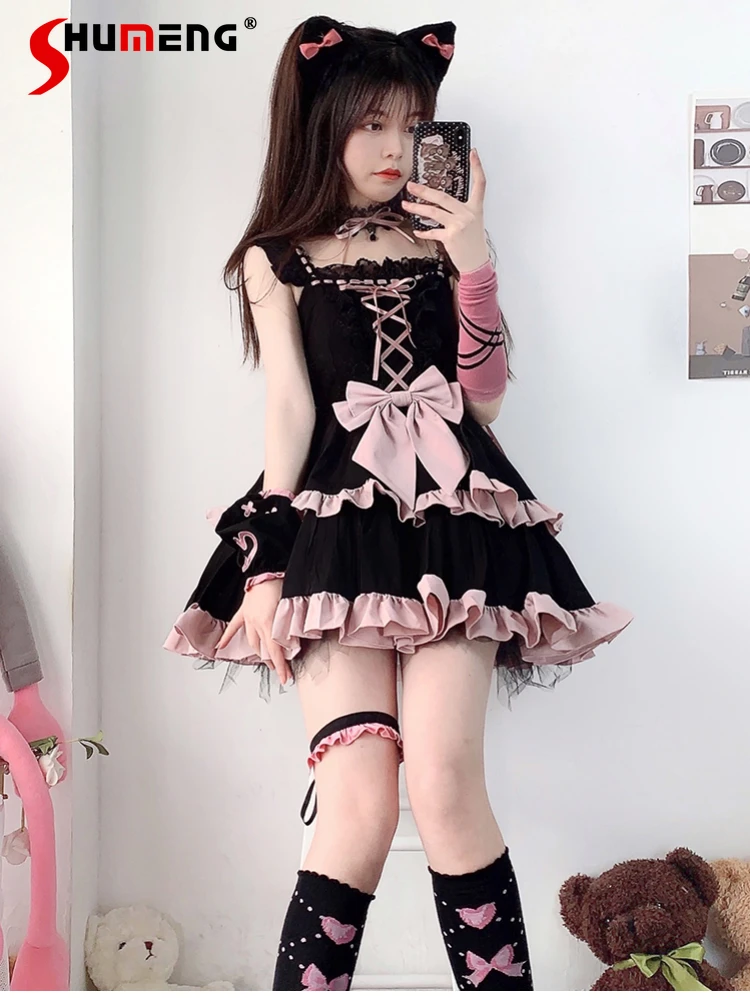 

Lolita Sweet Princess Dress Sleeveless Square Collar Lace Stitching Lace-up Bow Sexy Hot Girl High Waist Cake Short Dress Women