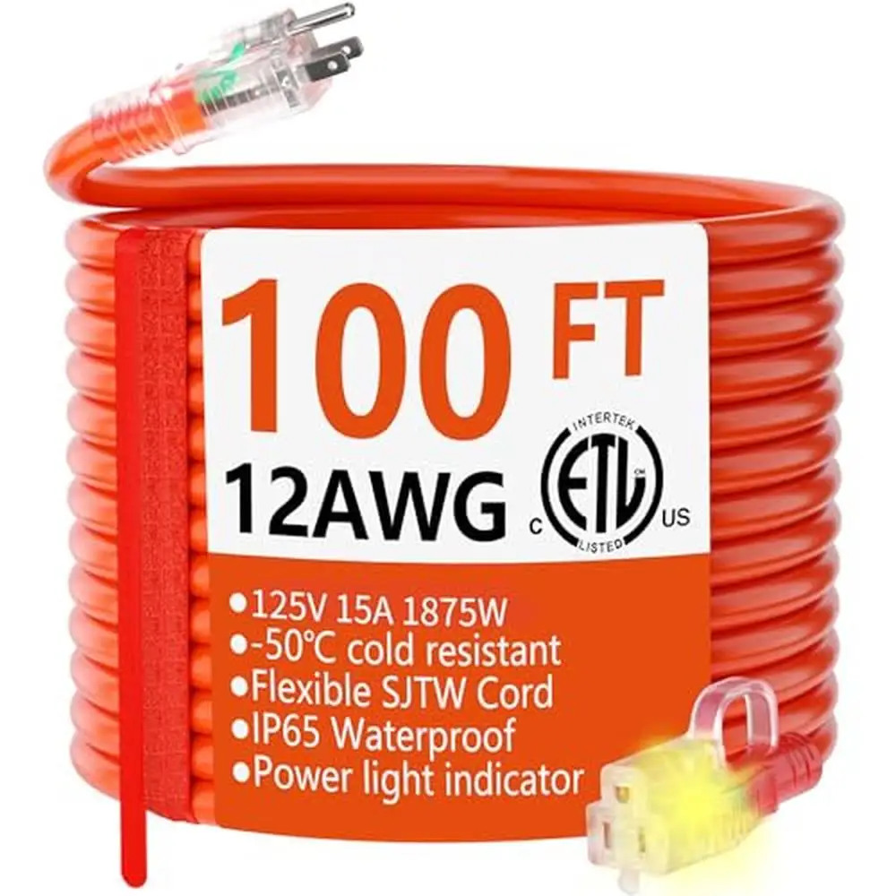 Extra Size Safety Heavy Duty 100ft Outdoor Extension Cord Waterproof Flexible Cold-Resistant 3 Prong Power Indicator Lighted End