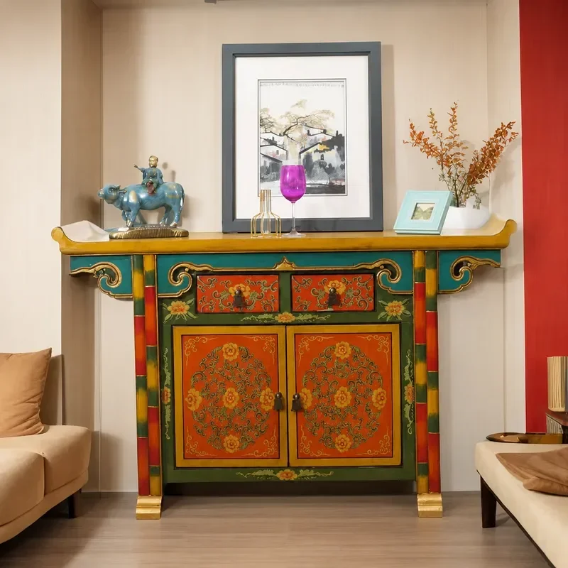 Tibetan Style Hand Painted Solid Wood Sideboard Retro Warped Head Storage Cabinet Simple Dining Room Partition Console Table