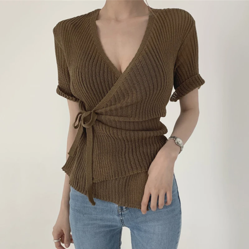 

Chic Sexy Slimming V-Ne Cross Waist ort Sve One-Piece Knitted Top Women's Faion Commute Sle Summer Regular Length
