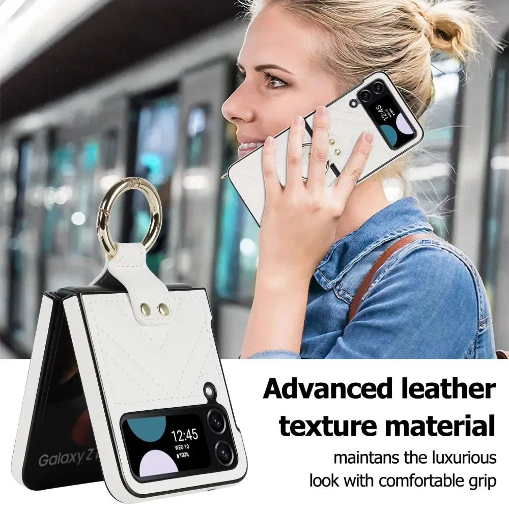 Solid Color Leather Flip Phone Case for Samsung Galaxy Z Flip6 & Z Flip 5 with Back Cover Ring Buckle