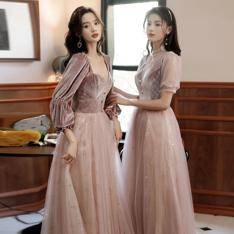 2022 New 4 Styles Bridesmaid Dress Bow Retro Elegant Long-sleeved Chic Temperament Long Evening Dress For Wedding Women Guest