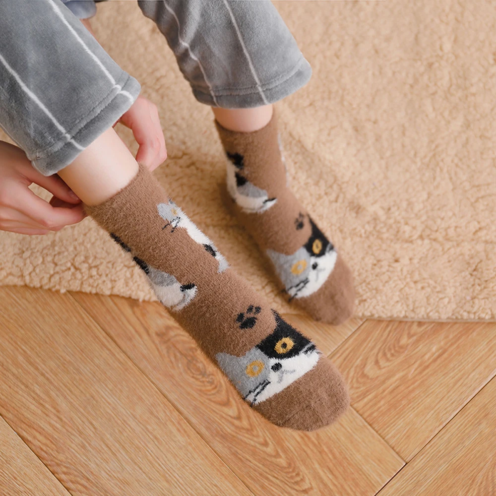 Sweet Home Winter Warm Women Thickening Cute Cat Sock Sleeping Socks Middle Tube Floor Socks Mink Hair Vintage Sleeping Socks