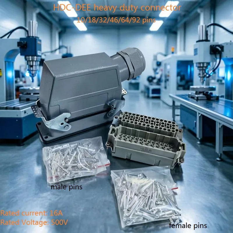 HDC-HEE Rectangle Heavy Duty Connector for 10, 18, 32, 46, 64, 92 Pins, Waterproof Plug and Socket 500V/16A crimp terminal
