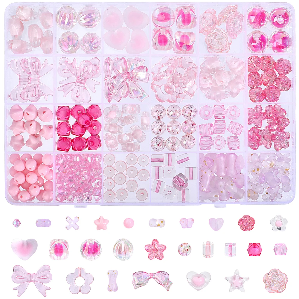 27 Styles 264PCS Pink Acrylic Beads with Hole Cute Round Flower Heart Bowknot Butterfly Kawaii Assorted Charms