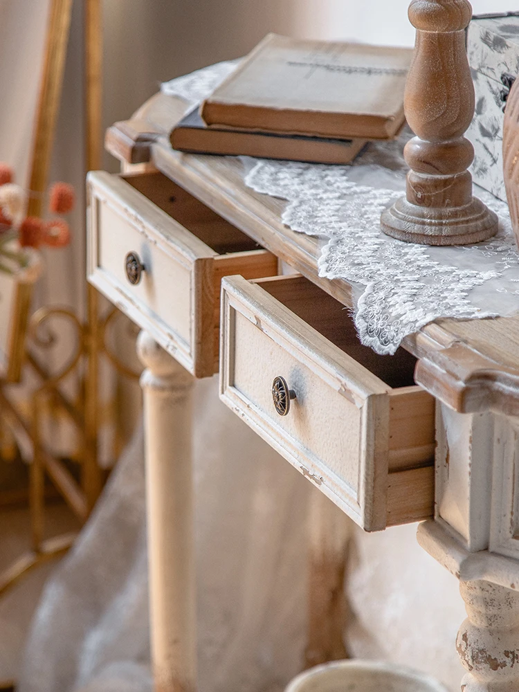 Two Toned Half Round Wooden Console Table with Drawers, Living Room Furniture, Retro Shabby Chic Style