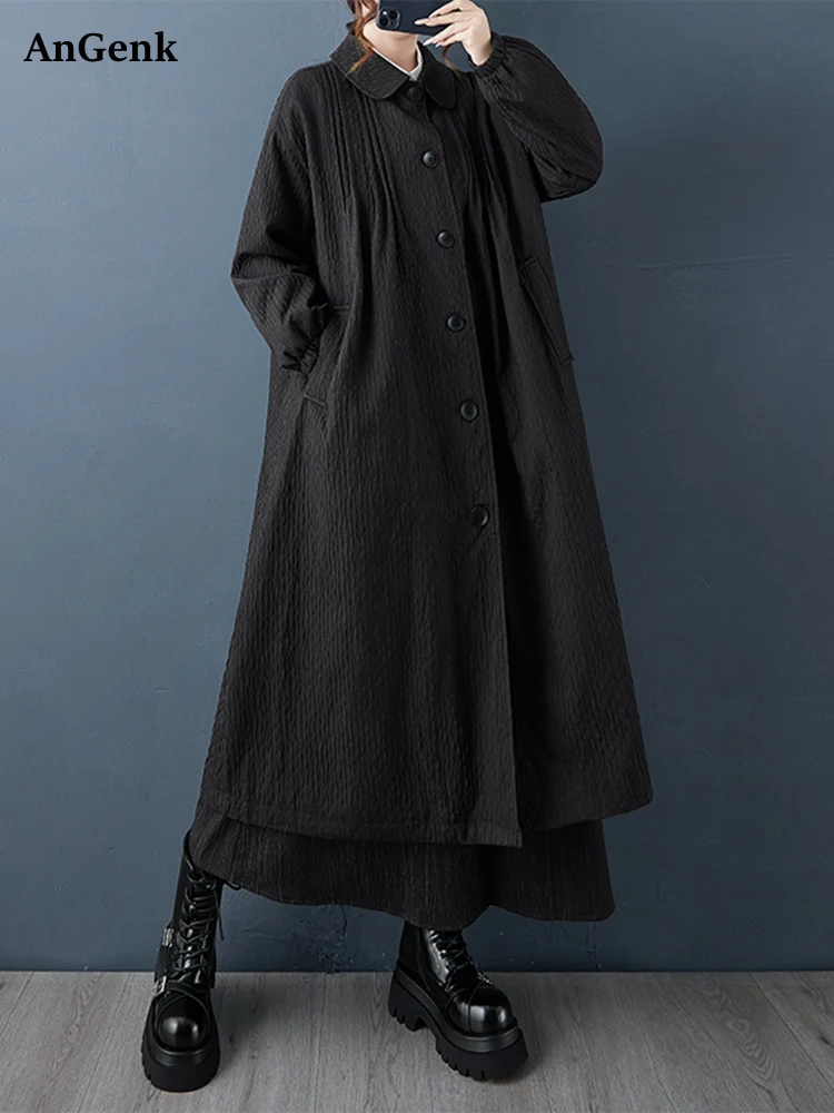 

Черный винтажный плиссированный длинный плащ большого размера для женщин, повседневная свободная верхняя одежда на пуговицах, кардиган, весна-осень 2025 г.