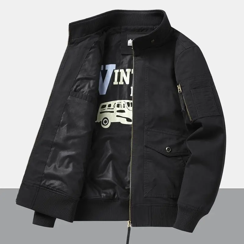 Men's Cotton Jacket 2026 Spring Autumn New Solid Color Casual Loose Multi-pocket Outdoor Travel Stand Collar Top Men's Work Coat
