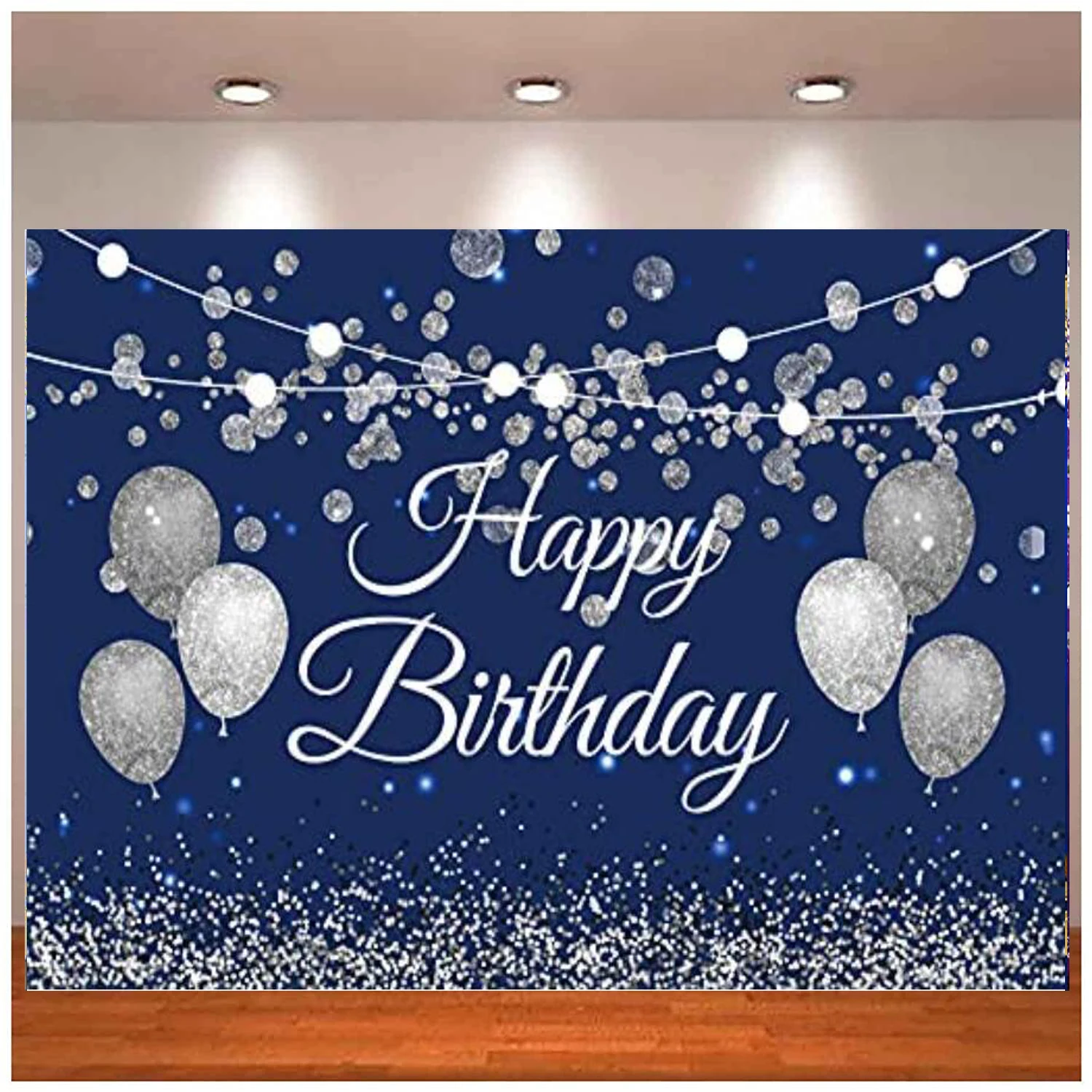 

Happy Birthday Photography Backdrop Blue and Silver Glitter Balloon Sequin Spots Background Golden Sparkle Shining Dots Banner