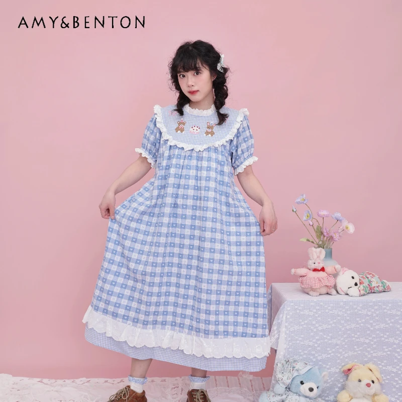 

Vintage Lace Trim Embroidered Puff Sleeve Women's Dress Original Design 2025 New Loose Slimming Sweet Cute Long Dresses Ladies