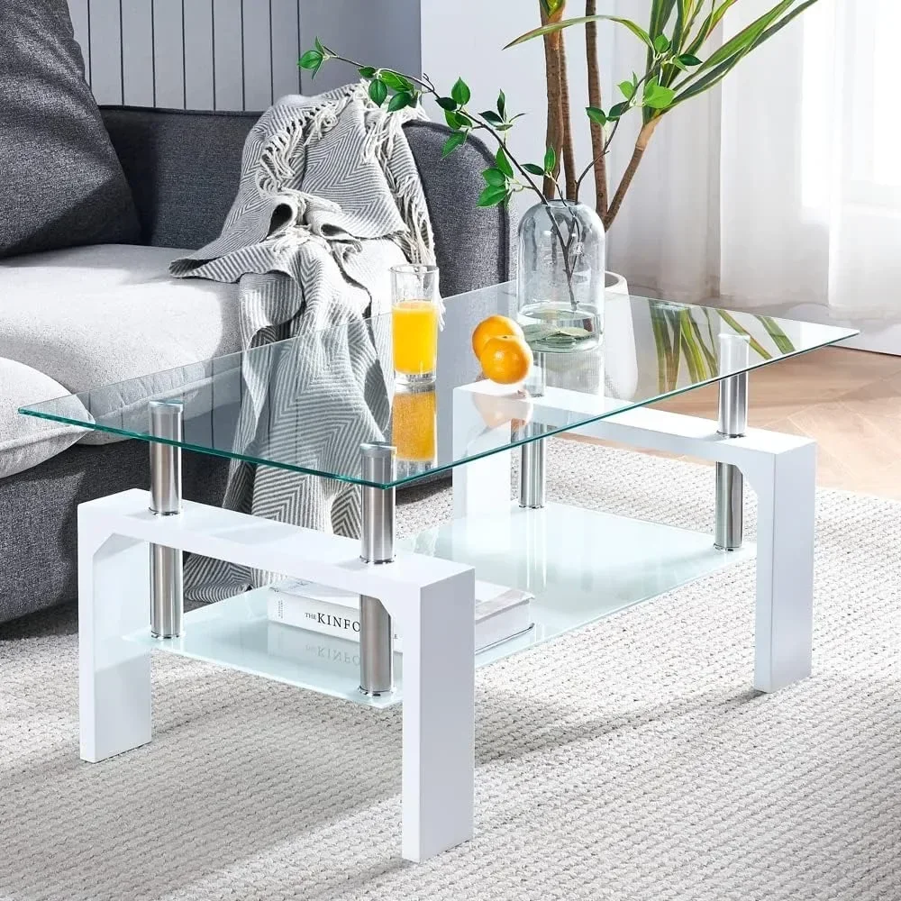 Living Room Rectangle Coffee Table Tea Suitable for Waiting Room Modern Side with Wooden Leg Glass Tabletop with Lower Shelf