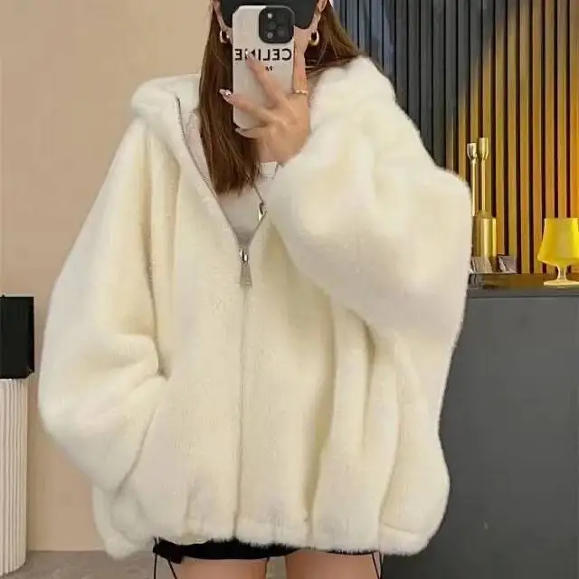 

Women Faux Fur Jackets Hooded Coat Thick Warm Fluffy Shaggy Outerwear Hoodie Overcoat Female Autumn Winter 2026 Streetwear