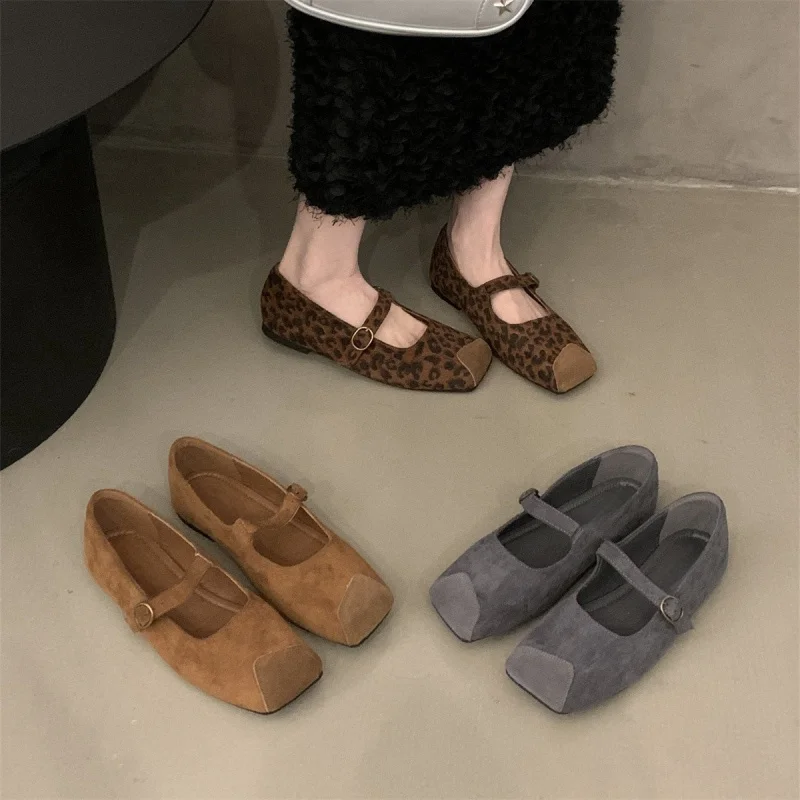 حذاء ماري جين ريترو صغير للنساء، للربيع والخريف، حذاء مسطح جديد بطبعة الفهد بمقدمة مربعة كاجوال