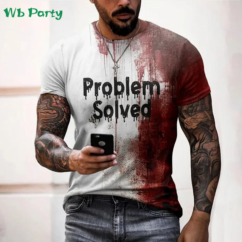 Problem Solved Bloody Print Men's Clothing Fashion T-shirts for Men Horrible Halloween Short Sleeve Tops O-Neck 3D Mens T shirt image 2