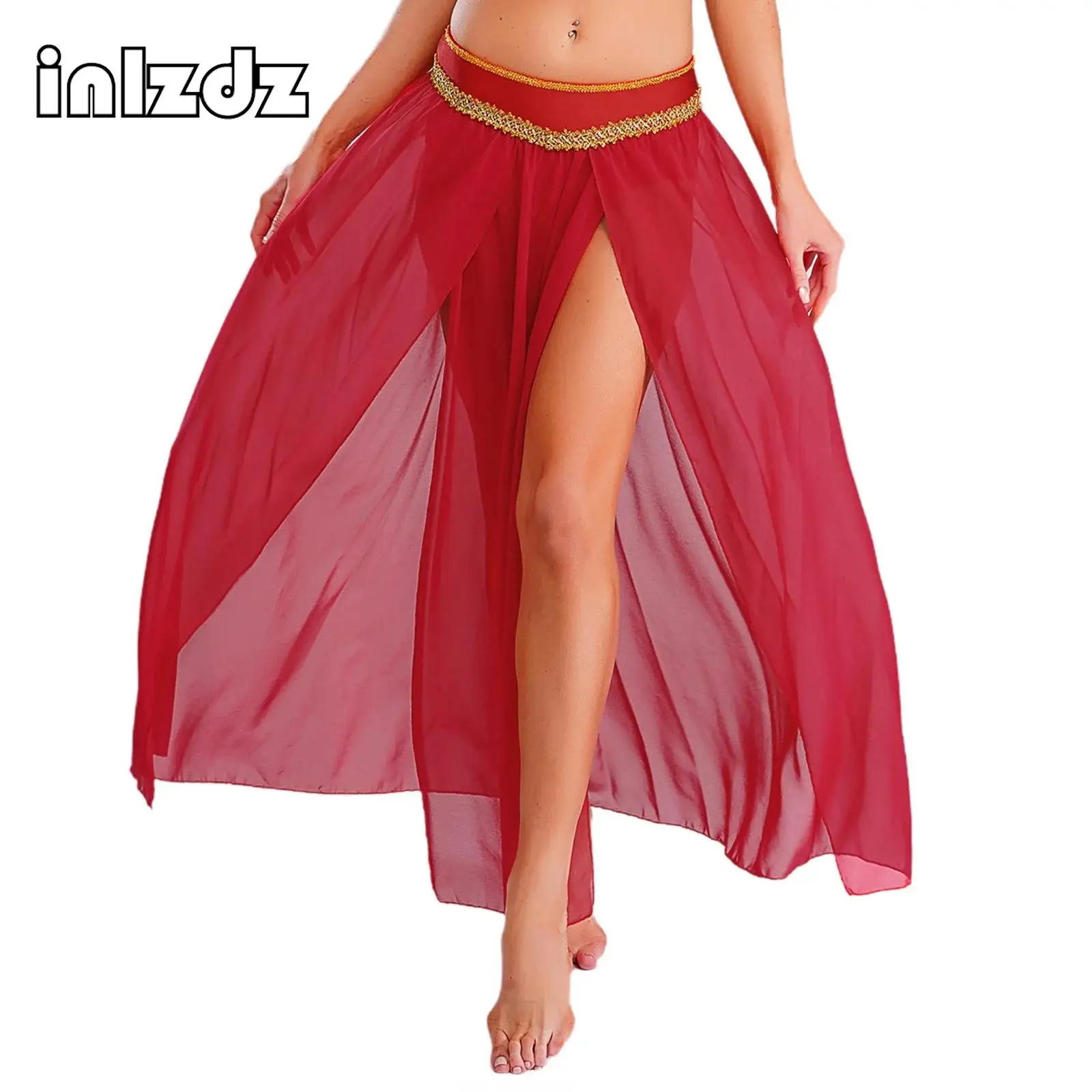 

Womens Belly Dance Skirt Arab Princess Halloween Cosplay India Dance Costume Gold Trim Built-in Briefs Slit Chiffon Long Skirt