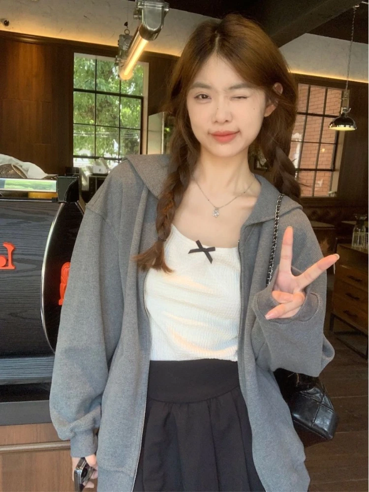 Preppy stijl hoodies matrozenkraag gestreept contrastkleur lange mouwen zakken rits sweatshirt casual losse 2025, dameskleding