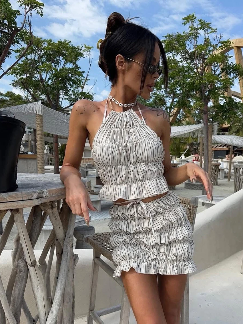 

Marthaqiqi Casual Women Pajamas Suit Lace Up Sleepwear Sleeveless Nightwear Crop Top Nightie Shorts Striped Ladies Nightgown Set