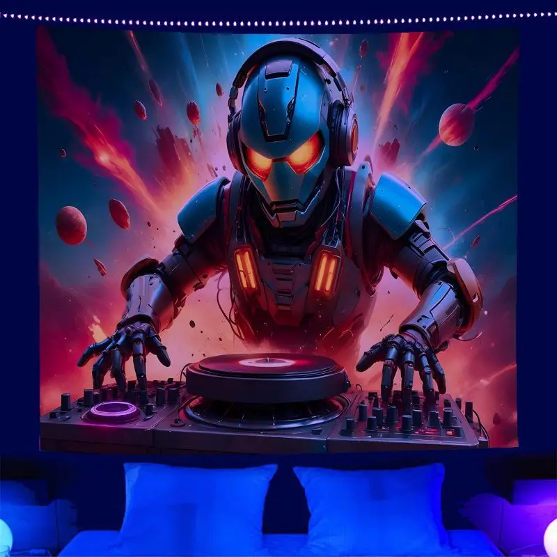 VIKAMA Trendy Cool Dj Robot Tapestry Psychedelic Neon Music Party Wall Mounted e-Sports Room Bar Party Decoration