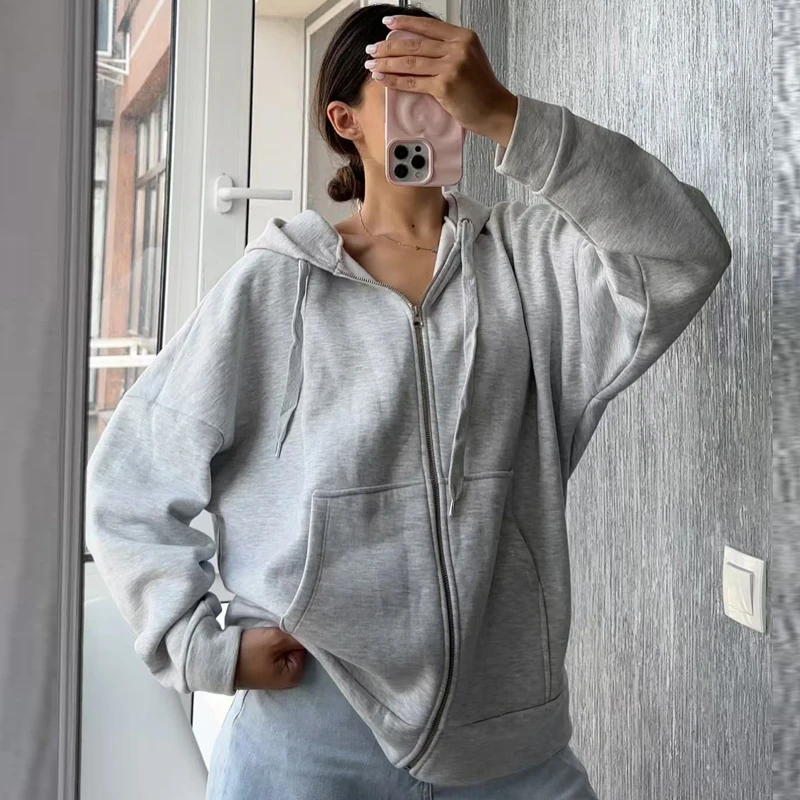 เสื้อฮู้ดผู้หญิง HXAO 2025 ทรงโอเวอร์ไซส์ สไตล์ชิค สีดำ เทา เทาเข้ม เสื้อฮู้ดแขนยาวแบบมีซิป