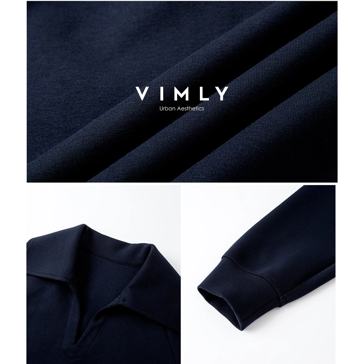 VIMLY Sports Women Sweatshirts Autumn 2025 Navy Blue Knitted Female Sweatshirt Elegant Office Wear Polo Neck Ladies Tops A2220