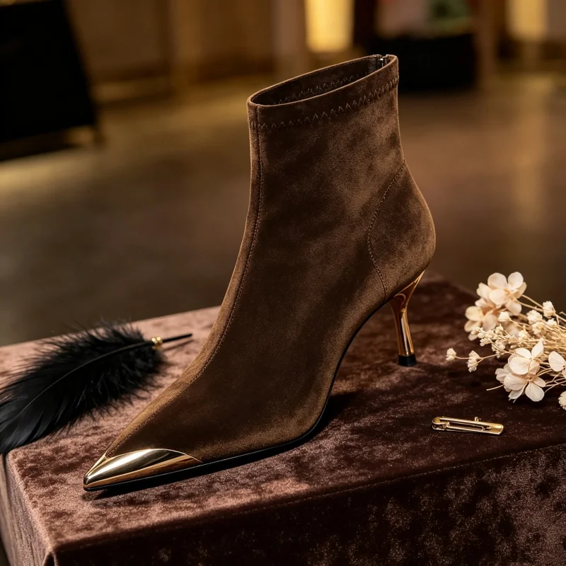 Korean Retro Slim Fit Suede Ankle Boots Women Metallic Sharp Point Toe Fashion Booties for Cocktail Party