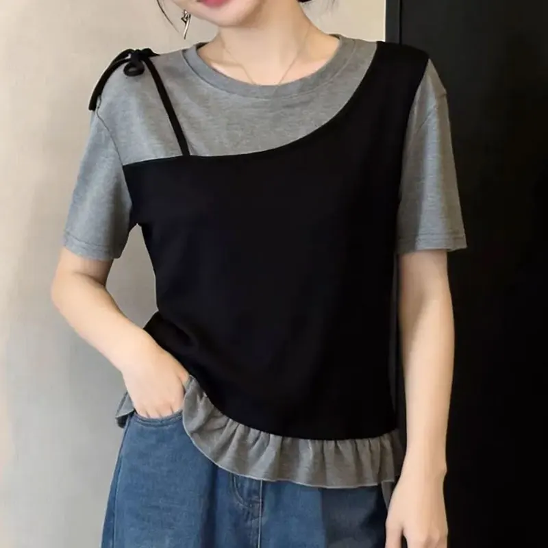 Women Clothes Summer Fashion Casual Color Blocking O-neck Short Sleeve Female All-match Fashionable Large Size Young Style Tops