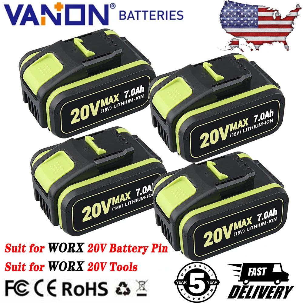 

1/2/4Pcs 7.0Ah WA3551 Li-on Replace for Worx 20V Battery Pin WA3553 WA3556 WA3570 Compatible with WX390 20v Cordless Power Tools