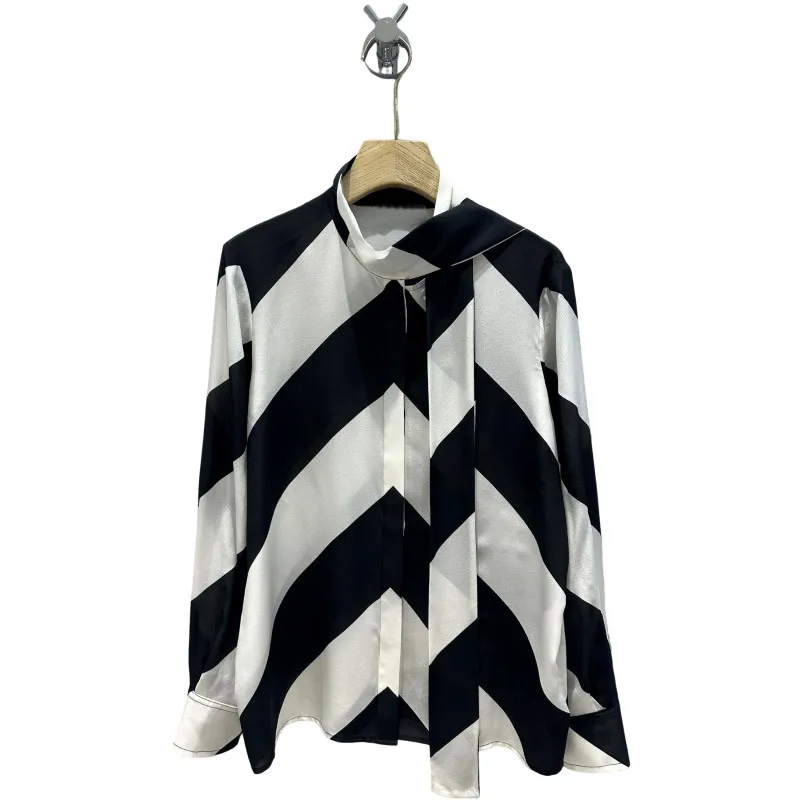 

100% Natural Silk Romantic Vacation Style Premium Black and White V-Stripe Silk off-Shoulder Shirt