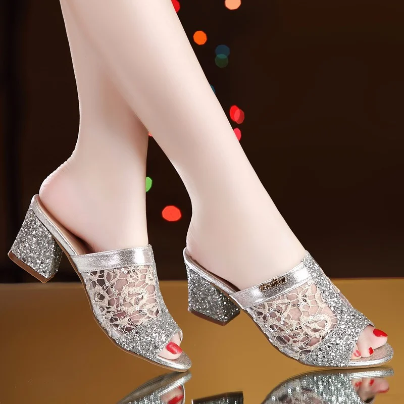 Women Thick Heeled Slippers New Fashion Summer Sequins Silver Party Wedding Shoes Woman Casual Plus Size Roman Sandals Slides