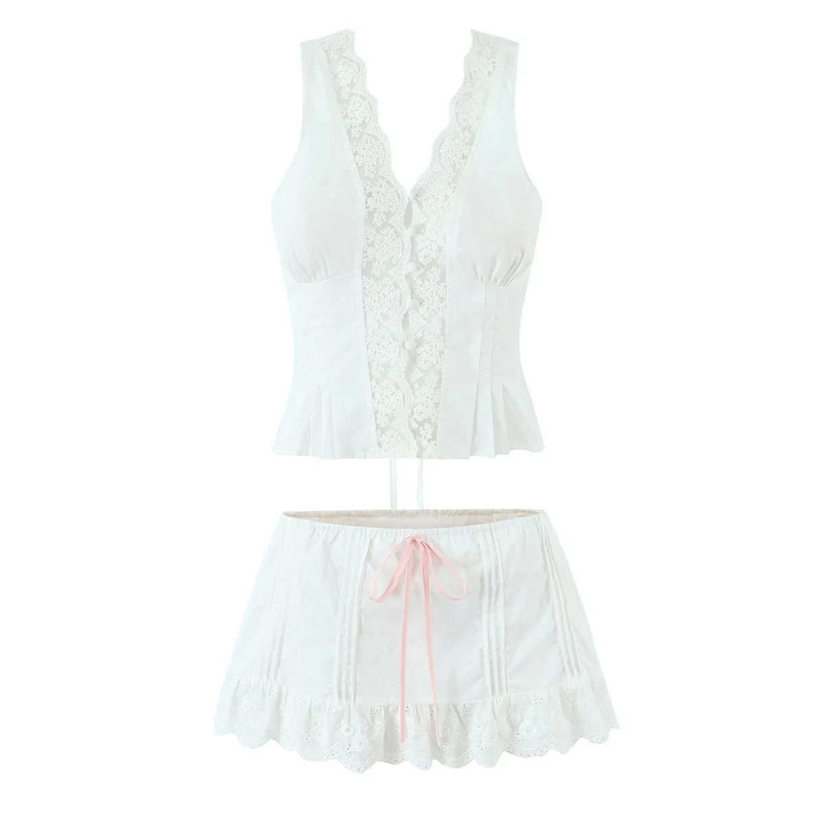 2 kolory 2025 Sexy Splice Lace Through Buttons Tank Top + Elastic Zipper Low Waist Wood ears Ruffle Hem Mini Skirt 2 Pieces 1 Set