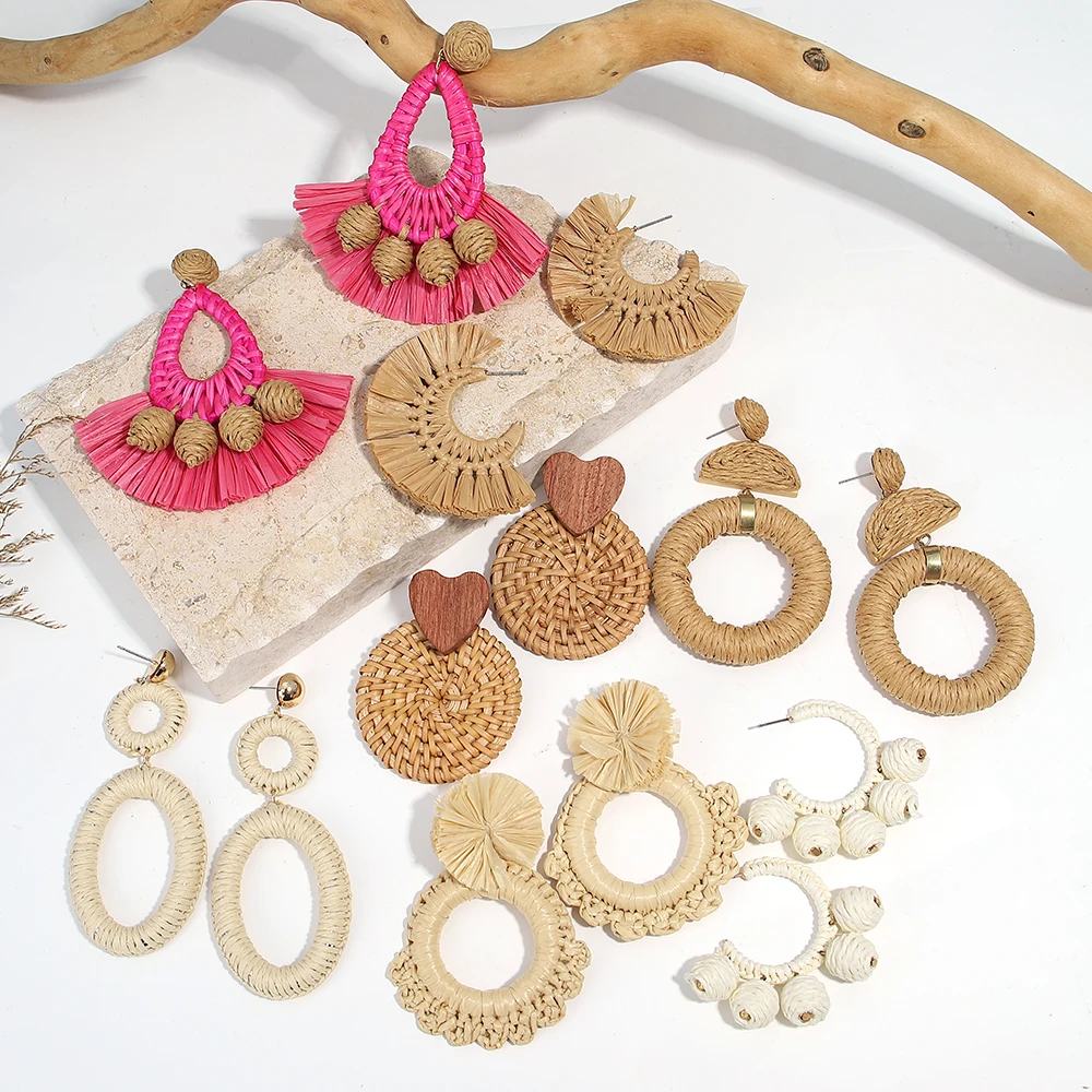 Lifefontier Retro Handmade Braided Raffia Beaded Geometric Drop Earrings For Women Summer Fan Shaped Wooden Earring Jewelry 2024