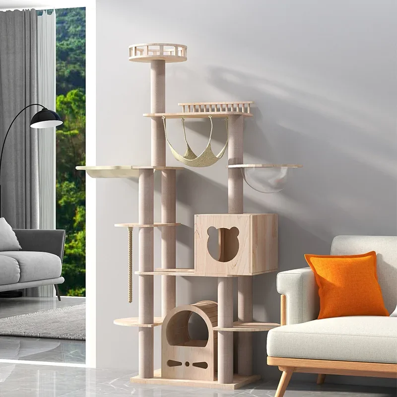 Solid Wood Cat Climbing Frame  Large Wear-resistant Furniture Multi-layered Cat Tree House Sisal Cat Scratching Post