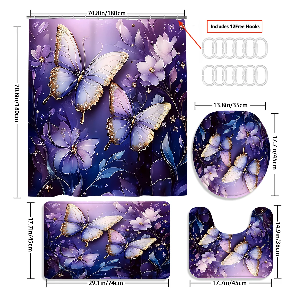 1/4PC Butterfly Purple flowers 3D shower curtain set,waterproof shower curtain and waterproof non-slip carpet,12free hooks