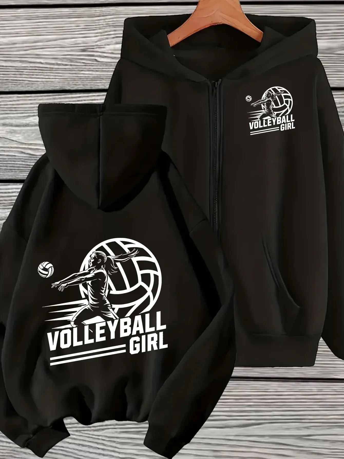 Girls Zip Up Hooded Jacket Volleyball Girl Player Graphic Long Sleeve Casual Sports Hoodie For Teen Girls Training Daily Outfit