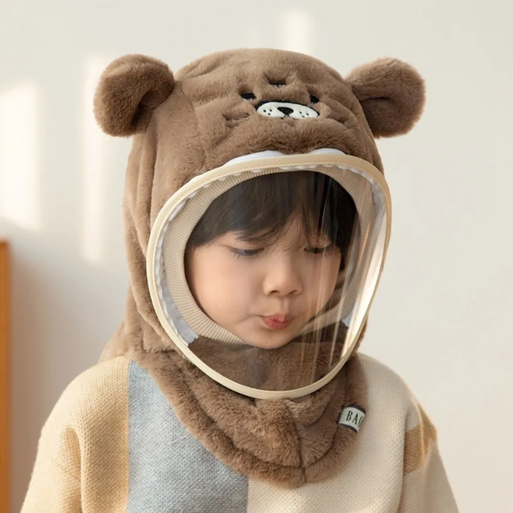 Kids Mask Integrated Hat Winter Warm Cartoon Thickened with Detachable Windshield Windproof Head Caps Soft Fleece Hooded Hat