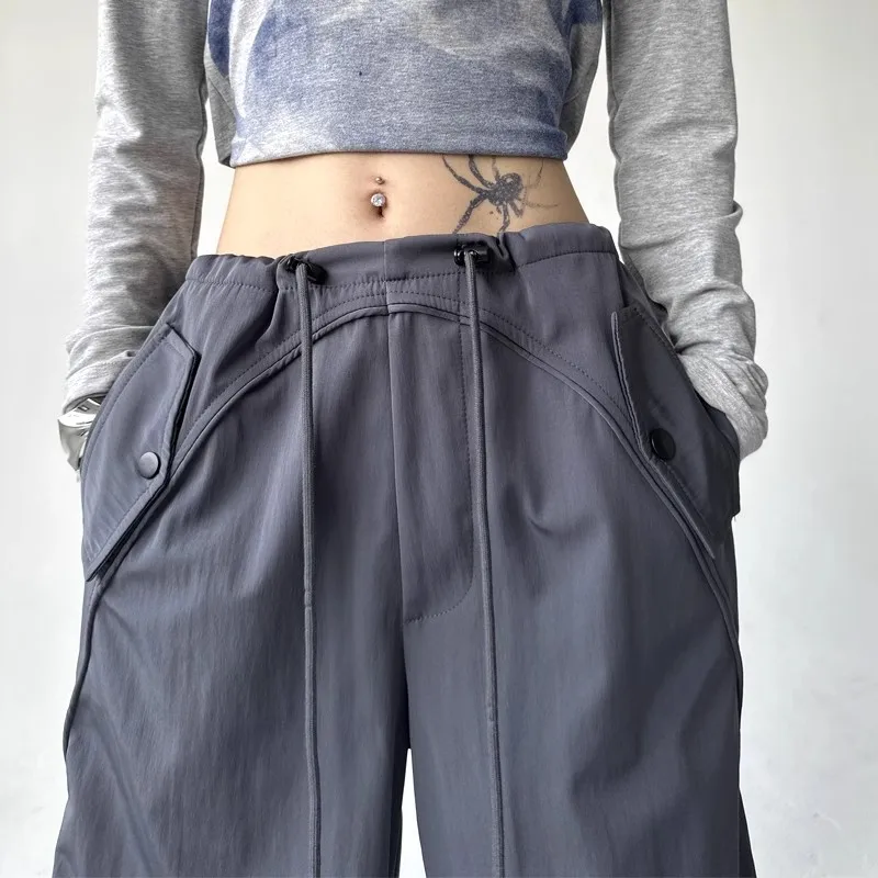 HOUZHOU Y2K Parachute Cargo Pants Woman Sweatpants Streetwear Hip Hop Black Trousers Oversized Korean Wide Leg Sportswear