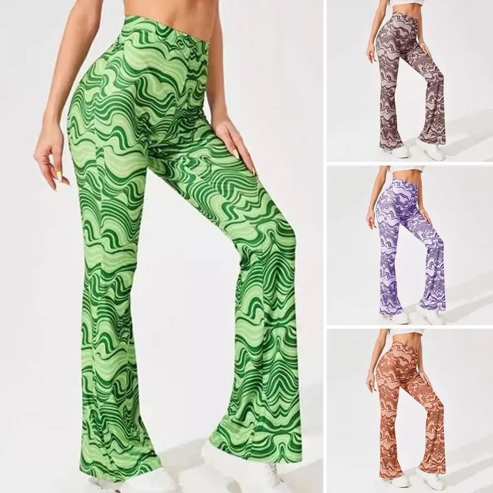 

Women Spring Yoga Pants Water Wave Print Slim Fit Plus Size Trousers Sports Elastic Waist Bell-bottomed Pants Women Clothes