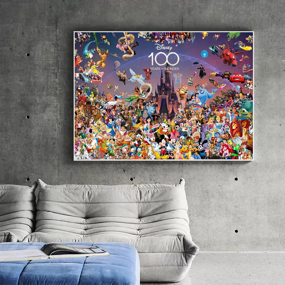 Arte en lienzo del 100 aniversario de Disney, póster impreso de Mickey Mouse, Pato Donald, Aladdin, princesa, decoración de pared para sala de estar